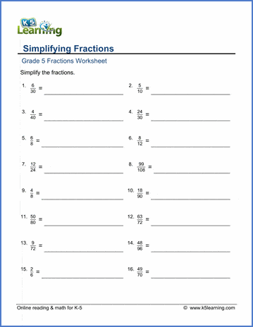 Grade 5 Fractions Worksheet simplifying fractions
