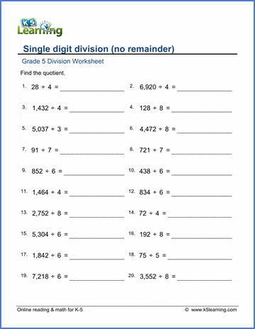 Grade 5 Math Worksheets: Single digit division | K5 Learning