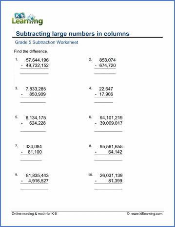 Grade 5 Subtraction Worksheet subtracting large numbers