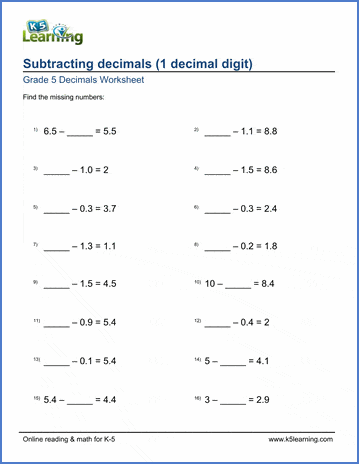 Grade 5 Decimals Worksheet subtracting decimals with missing 1-digit number