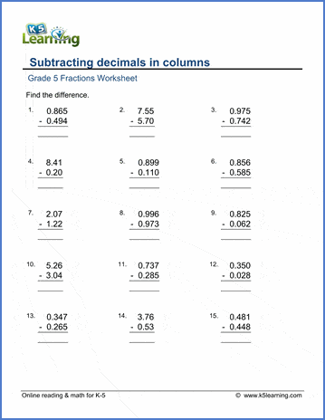Grade 5 Decimals Worksheet subtracting decimals in columns