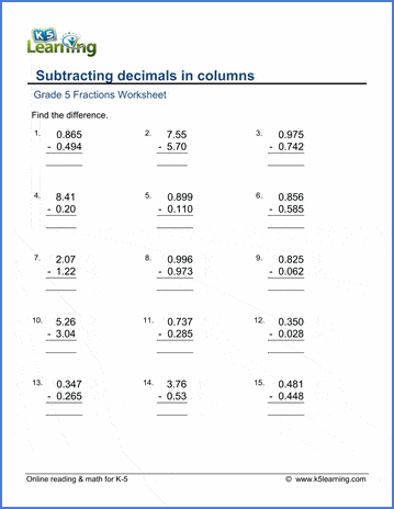 Grade 5 Math Worksheets: Subtracting decimals in columns | K5 Learning