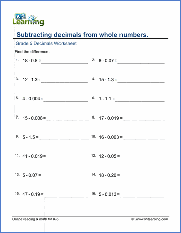 Grade 5 Decimals Worksheet subtracting decimals from whole numbers