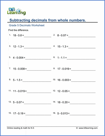 Grade 5 Math Worksheets: Subtracting decimals from whole numbers | K5  Learning