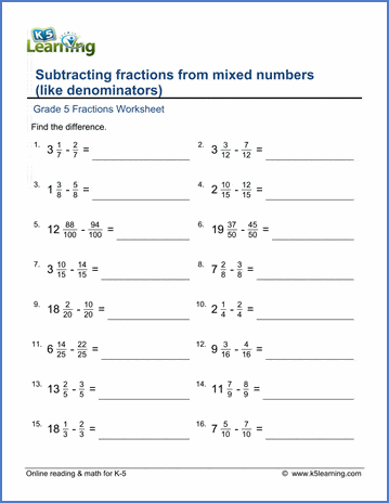 Grade 5 Fractions Worksheet subtracting fractions from mixed numbers