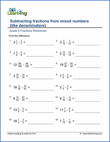 Grade 5 Math Worksheets: Subtracting fractions from mixed numbers | K5  Learning