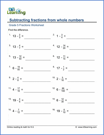 Grade 5 Math Worksheets: Subtracting fractions from whole numbers | K5  Learning