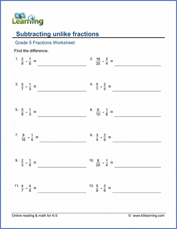 Grade 5 Fractions Worksheet subtracting unlike fractions