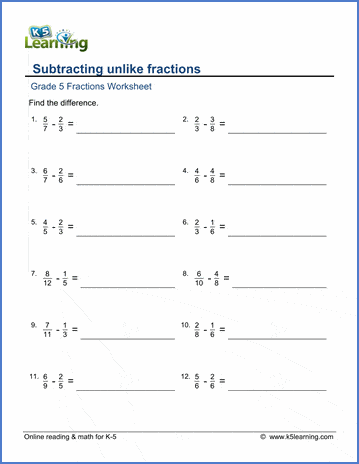 grade 5 math worksheet subtracting unlike fractions k5 learning