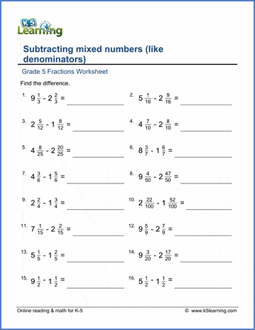 Grade 5 Fractions Worksheet subtracting mixed numbers