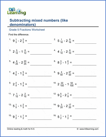 Grade 5 Math Worksheet: Subtracting mixed numbers (like denominators) | K5  Learning