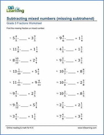 Grade 5 Fractions Worksheet subtracting mixed numbers with missing number