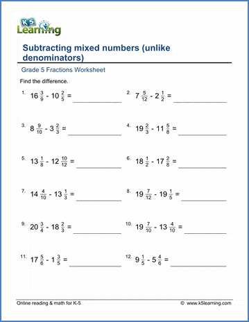 grade 5 math worksheet fractions subtract mixed numbers unlike denominators k5 learning