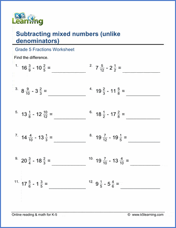Grade 5 math worksheet - Fractions: subtract mixed numbers (unlike  denominators) | K5 Learning