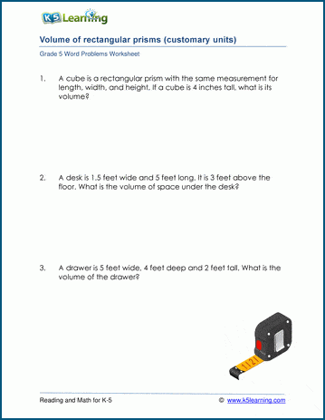 Volume of Rectangular Prisms Word Problem Worksheets | K5 Learning