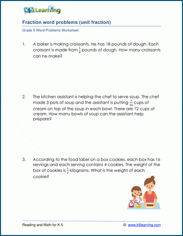 Grade 5 unit fractions word problem worksheets