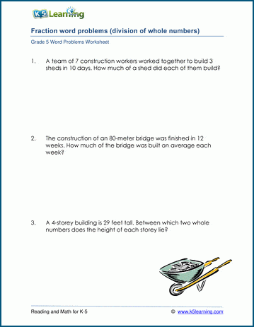 Grade 5 division of whole numbers with fractional answers word problem worksheets