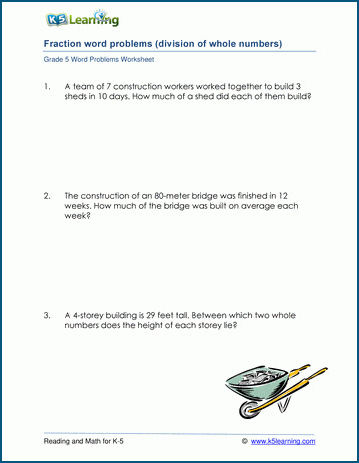 Word Problem Worksheets: Division Of Whole Numbers With Fractional Answers | K5 Learning