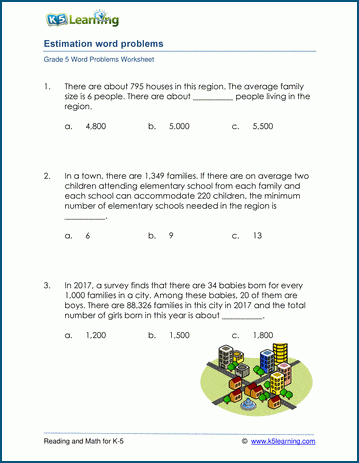 Estimating and rounding word problem worksheets for grade 5 | K5 Learning