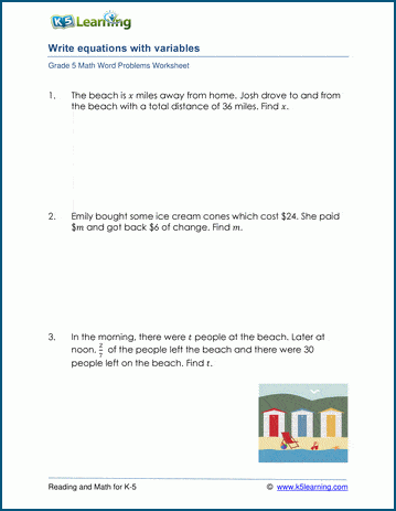 Grade 5 Variables and Equations Word Problem Worksheets