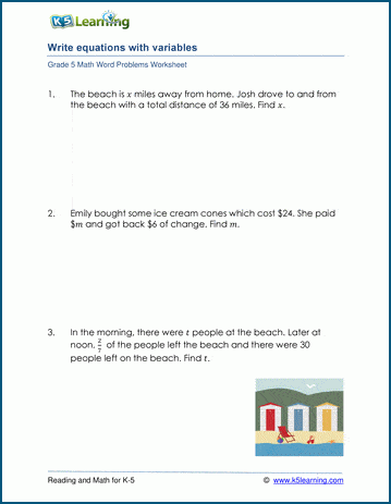 Variables and equations word problem worksheets | K5 Learning