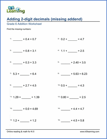 Grade 6 Decimals Worksheet adding 2-digit decimals with missing addend