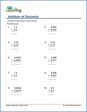 Grade 6 Decimals Worksheet addition of decimals in columns
