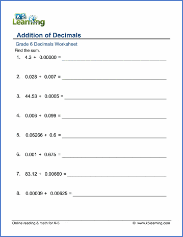 Grade 6 Decimals Worksheet addition of decimals of varying length