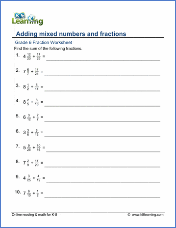 Grade 6 Fractions Worksheet adding mixed numbers and fractions