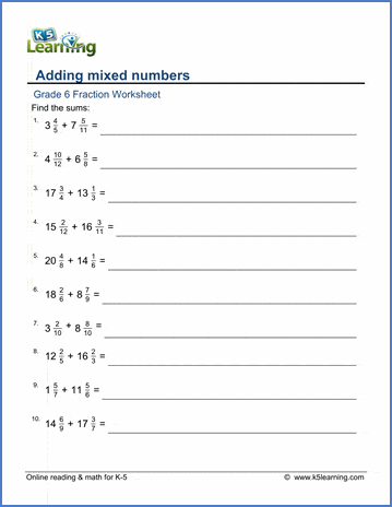 Grade 6 Fractions Worksheet adding mixed numbers