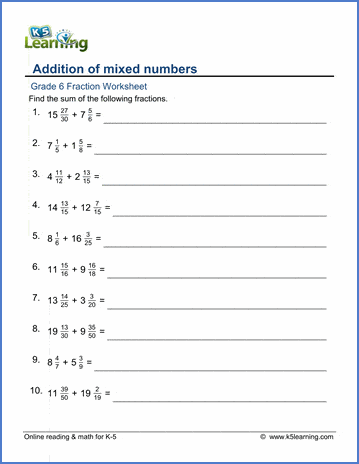 Grade 6 Fractions Worksheet adding mixed numbers (denominators <60)