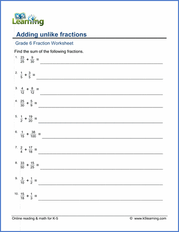 Grade 6 Fractions Worksheet adding unlike fractions - large denominators