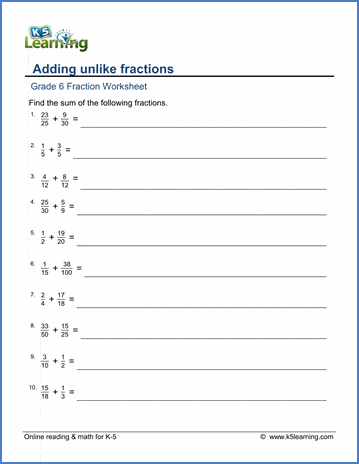 Grade 6 Math Worksheets: Adding unlike fractions (large denominators) | K5  Learning
