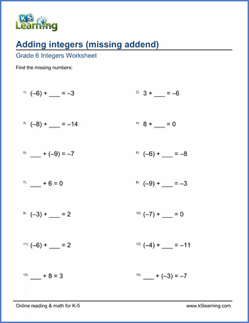 Grade 6 Integers Worksheet addition of integers with missing number
