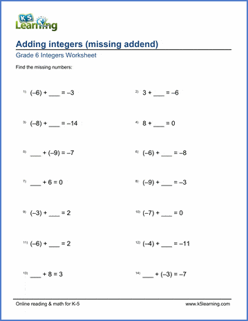 Grade 6 Integers Worksheets: Adding integers - missing addends | K5 Learning