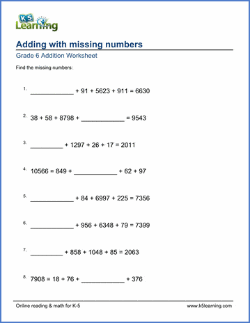 Sample Grade 6 Addition & Subtraction Worksheet