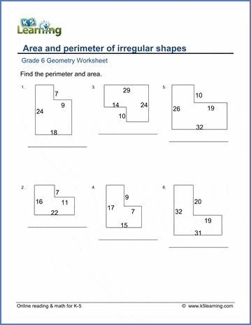 Grade 6 Geometry Worksheets: Area and perimeter of rectangular shapes | K5  Learning