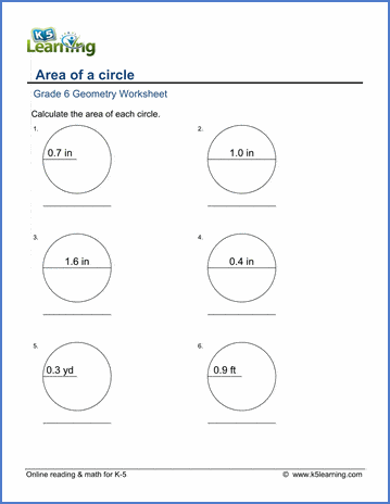 Grade 6 Geometry Worksheet area of circles