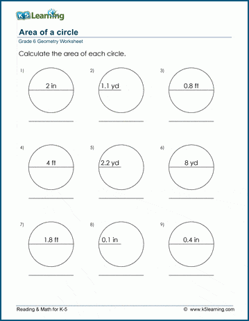 Grade 6 Geometry Worksheets: Area of a circle | K5 Learning