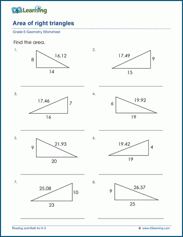 Grade 6 Geometry Worksheets: Area of right triangles | K5 Learning