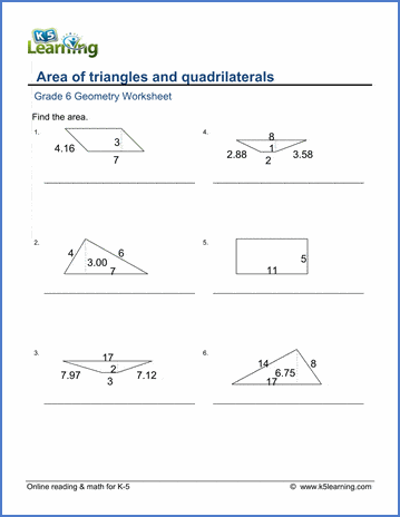 Grade 6 Geometry Worksheet area of triangles & quadrilaterals