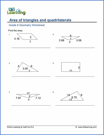 Grade 6 math worksheet - Geometry: area of triangles & quadrilaterals