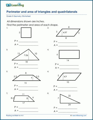Grade 6 Geometry Worksheets: Area of triangles & quadrilaterals | K5  Learning