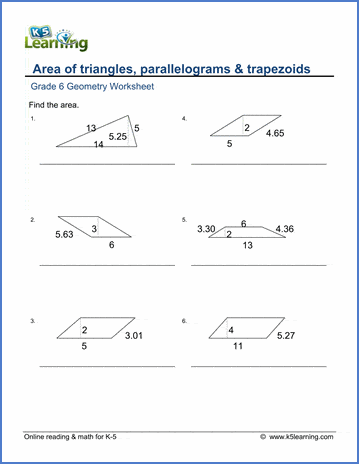 Grade 6 Geometry Worksheet area of triangles, parallelograms, trapezoids