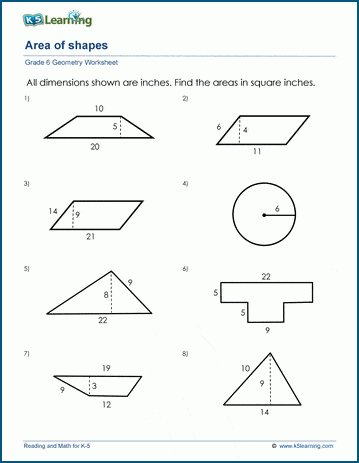 Grade 6 Worksheets: Area of triangles, parallelograms & trapezoids | K5  Learning