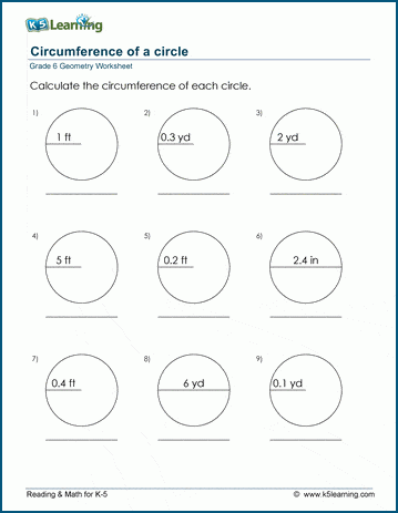 Grade 6 Geometry Worksheets: Circumference of a circle | K5 Learning