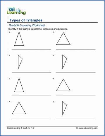 Grade 6 Geometry Worksheet classifying triangles by their sides