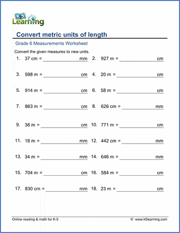 Grade 6 Measurement Worksheet convert between mm, cm, m and km