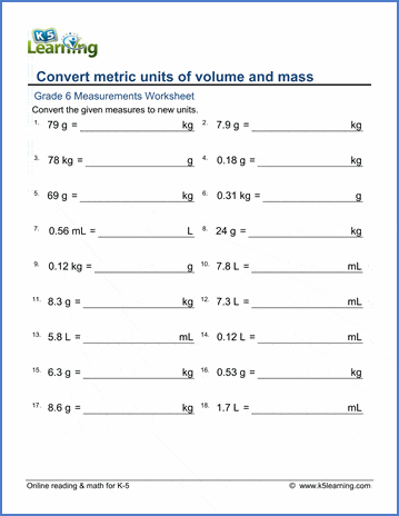 Grade 6 Measurement Worksheet convert between ml & l, g & kg