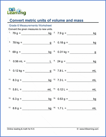 grade 6 conversion metric volume mass decimals